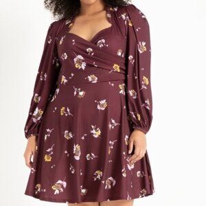Eloquii Puff Sleeve Maroon Floral Sweetheart Dress Size 20